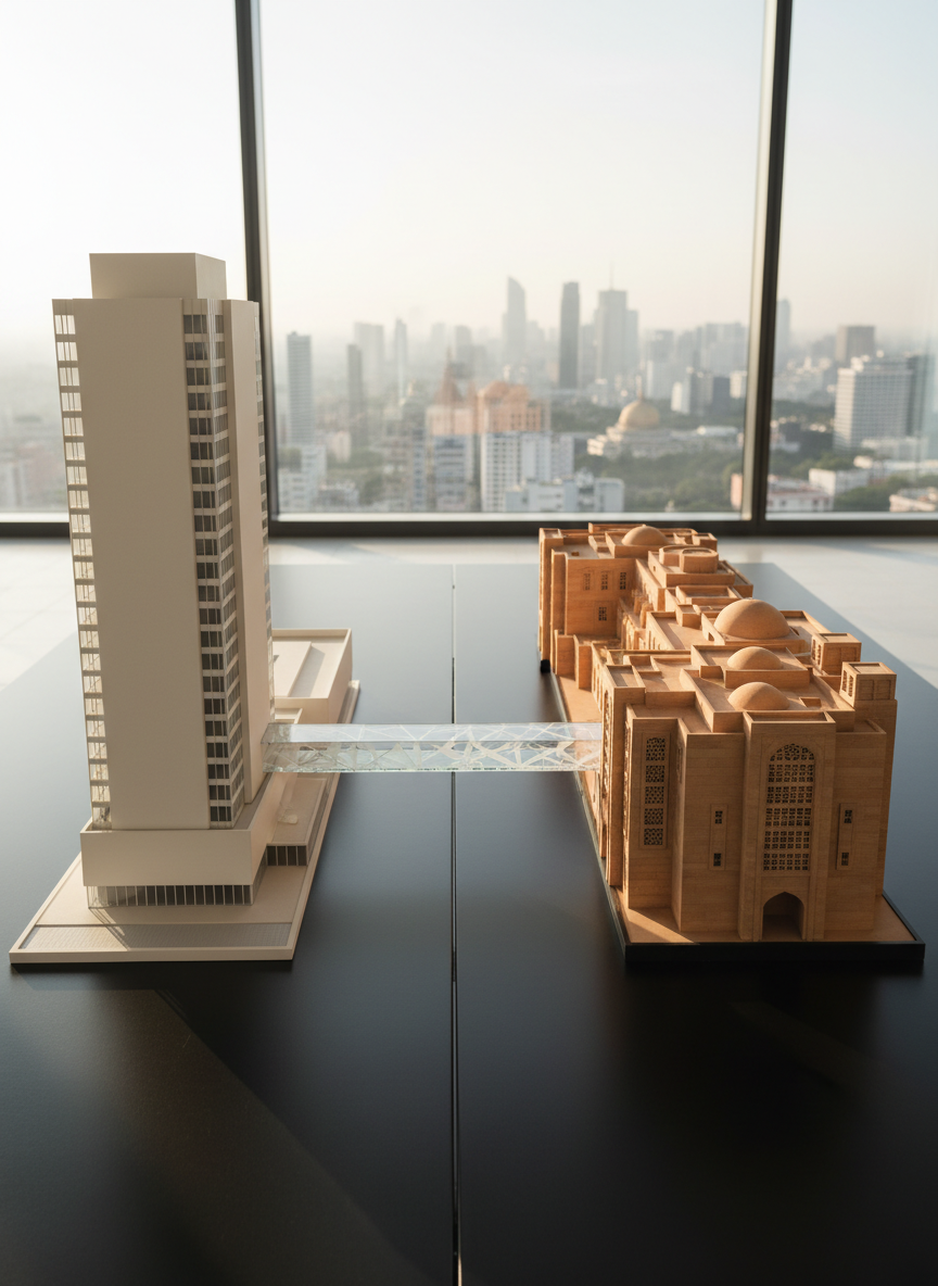 Two contrasting yet complementary architectural models placed side by side on a matte black presentation table: a white minimalist European-style office tower and a warm sandstone-inspired MENA business complex. Between them lies a narrow strip of etched glass symbolizing a bridge. Behind, a panoramic window reveals a hazy fusion of European and Middle Eastern skylines. Early morning diffused light streams in, outlining the edges of the models and creating delicate, long shadows. Captured in photographic realism from a low, slightly angled viewpoint for a dramatic corporate feel, the composition uses rule of thirds. The atmosphere is ambitious and visionary, suggesting a corporate agency bridging markets with precision and intent.
