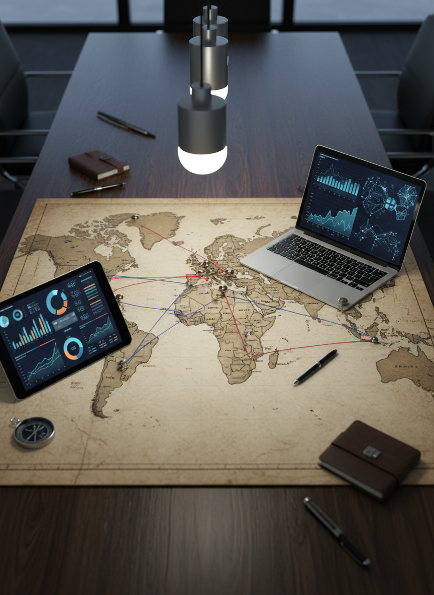 A large, detailed world map laid flat on a dark wooden table, with Europe and the MENA region prominently in focus, thin red and blue strings stretching between major cities, held by metallic pins. Around the map sit a tablet displaying analytics dashboards and a slim silver laptop showing abstract graphs, all carefully arranged. Overhead, cool white pendant lighting casts even illumination, with soft reflections glinting off the tablet glass. Shot from a slightly elevated perspective with photographic realism, sharp focus throughout. The mood is analytical and forward-looking, conveying cross-regional commercial strategy with a hunter-like precision in a professional, modern office environment.