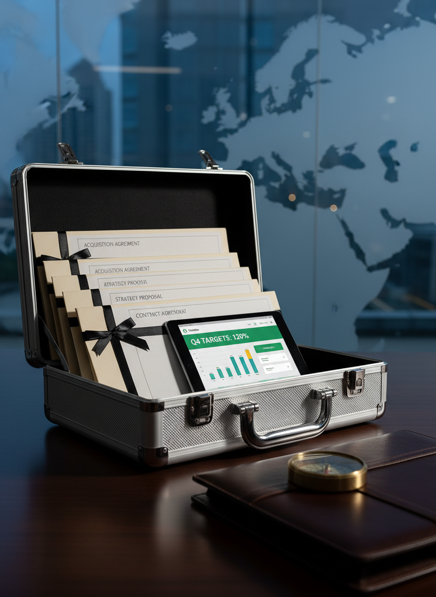 A close-up of a polished metal briefcase partially open on a sophisticated office desk, revealing meticulously organized contract folders, a slim tablet glowing with a sales pipeline dashboard, and a small compass placed on top of a leather portfolio. The background features a glass wall etched with subtle outlines of Europe and the MENA region, softly out of focus. Cool, directional office lighting from the side creates crisp highlights on the metallic surfaces and deep, confident shadows. Photographic realism with shallow depth of field, shot at desk level. The mood is sharp, assertive, and opportunity-driven, evoking a hunter mentality in commercial consultancy while remaining clean, modern, and highly professional.