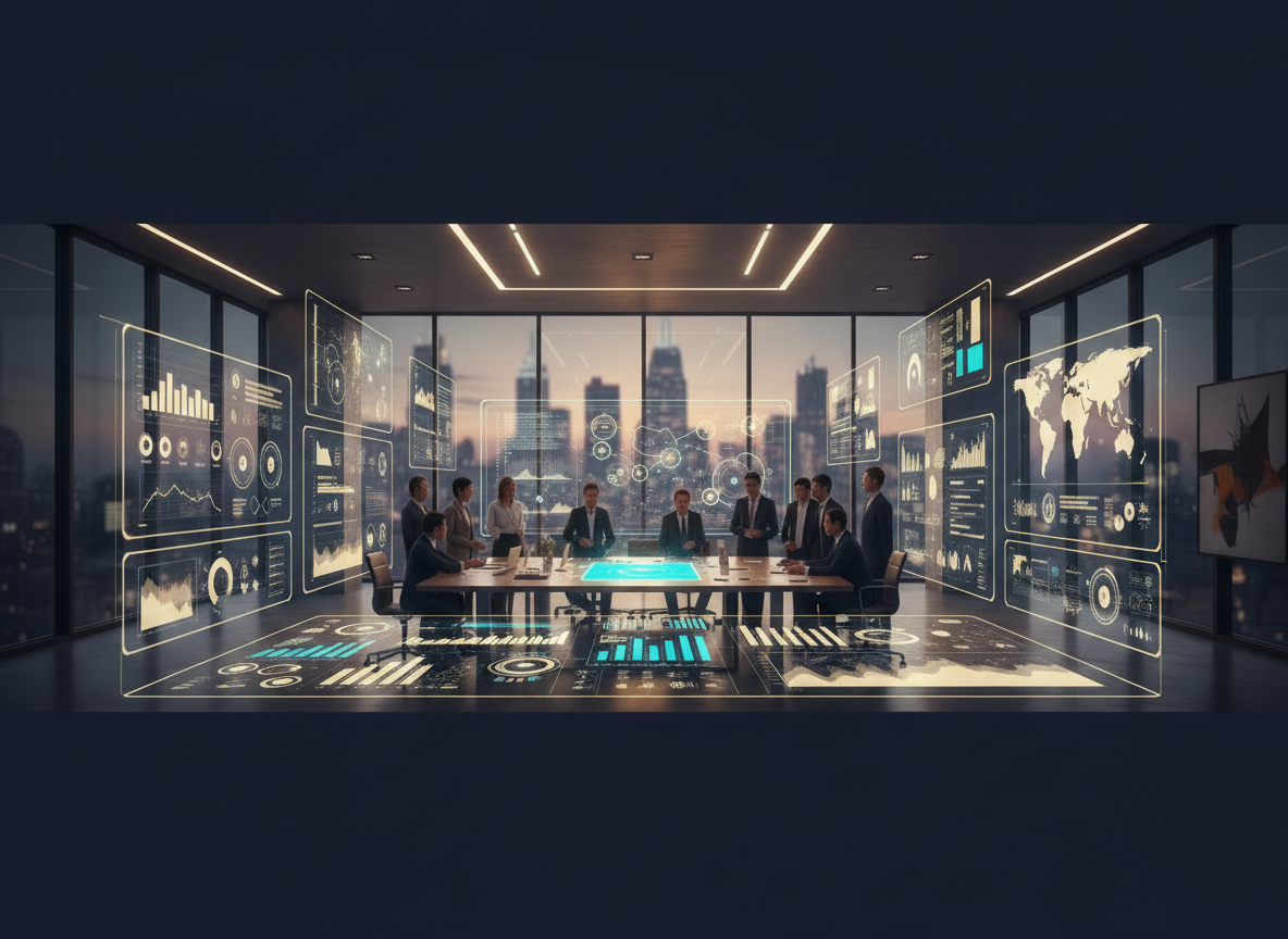 A simplified and more impactful version of the existing corporate transformation illustration: focus on a central digital strategy table with glowing AI dashboard elements, minimal background details, strong contrast navy and gold tones, clean composition optimized for small thumbnail display, 16:9 landscape.